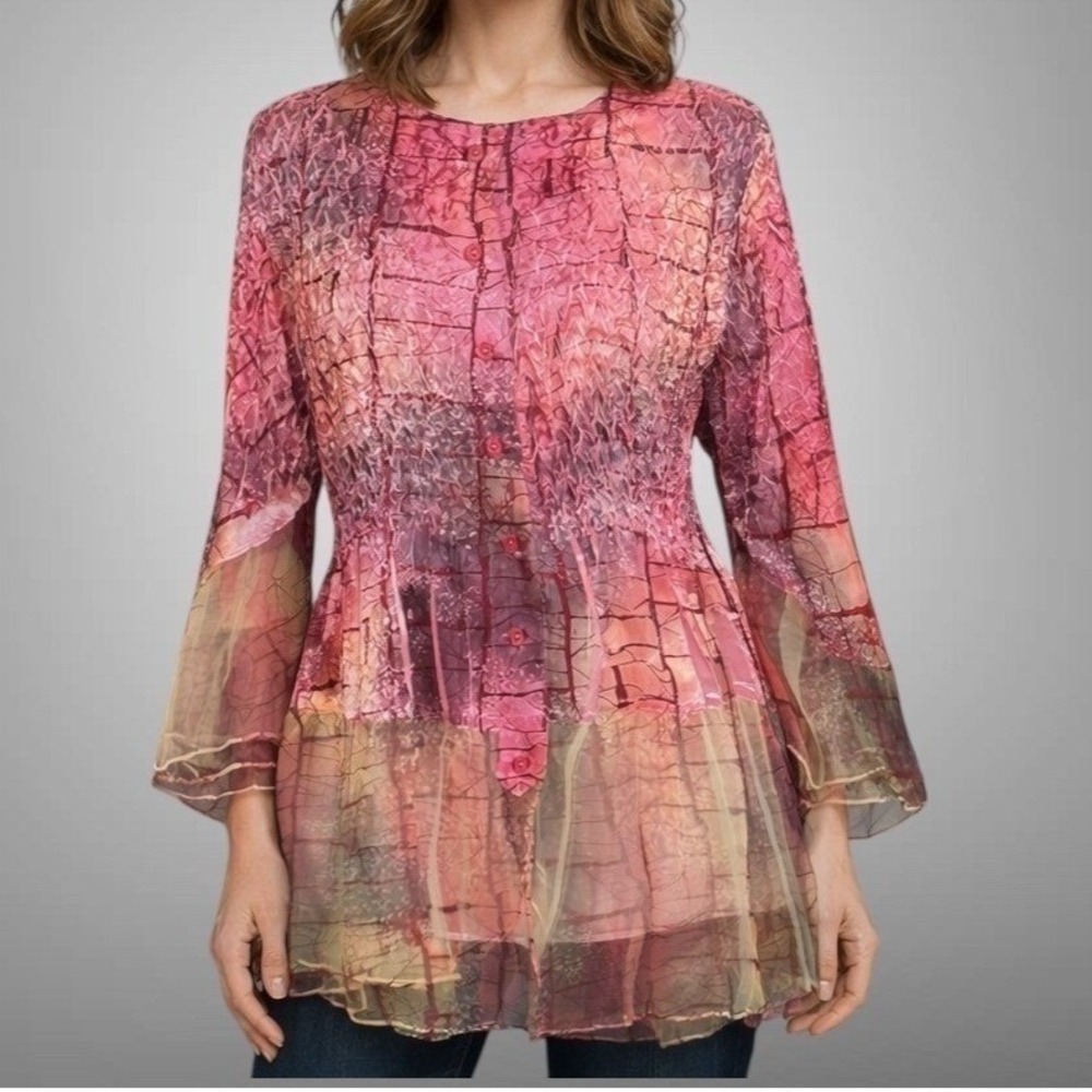Jerry T Womens Top L Pink Colorful Crinkle Abstract Smocked Tunic Boho Artsy
